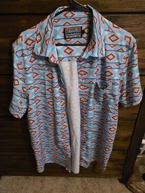 BURLEBO Short Sleeve Aztec Shirt in Aqua & Coral LARGE